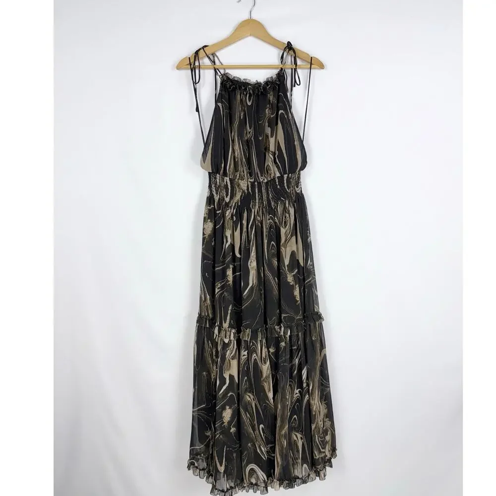 Banana Republic Marbled Halter Smocked Waist Maxi Dress Women's Small Black Tan